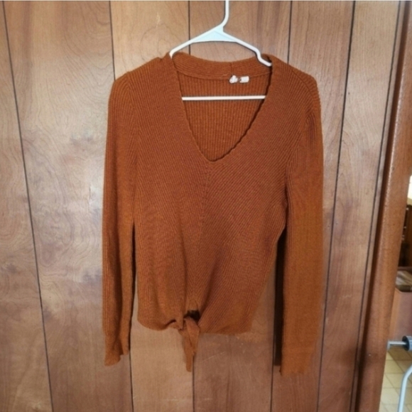 Anthropologie Moth Freeport Ribbed Knit V-Neck Tie Sweater Rust Orange XS - Picture 1 of 4